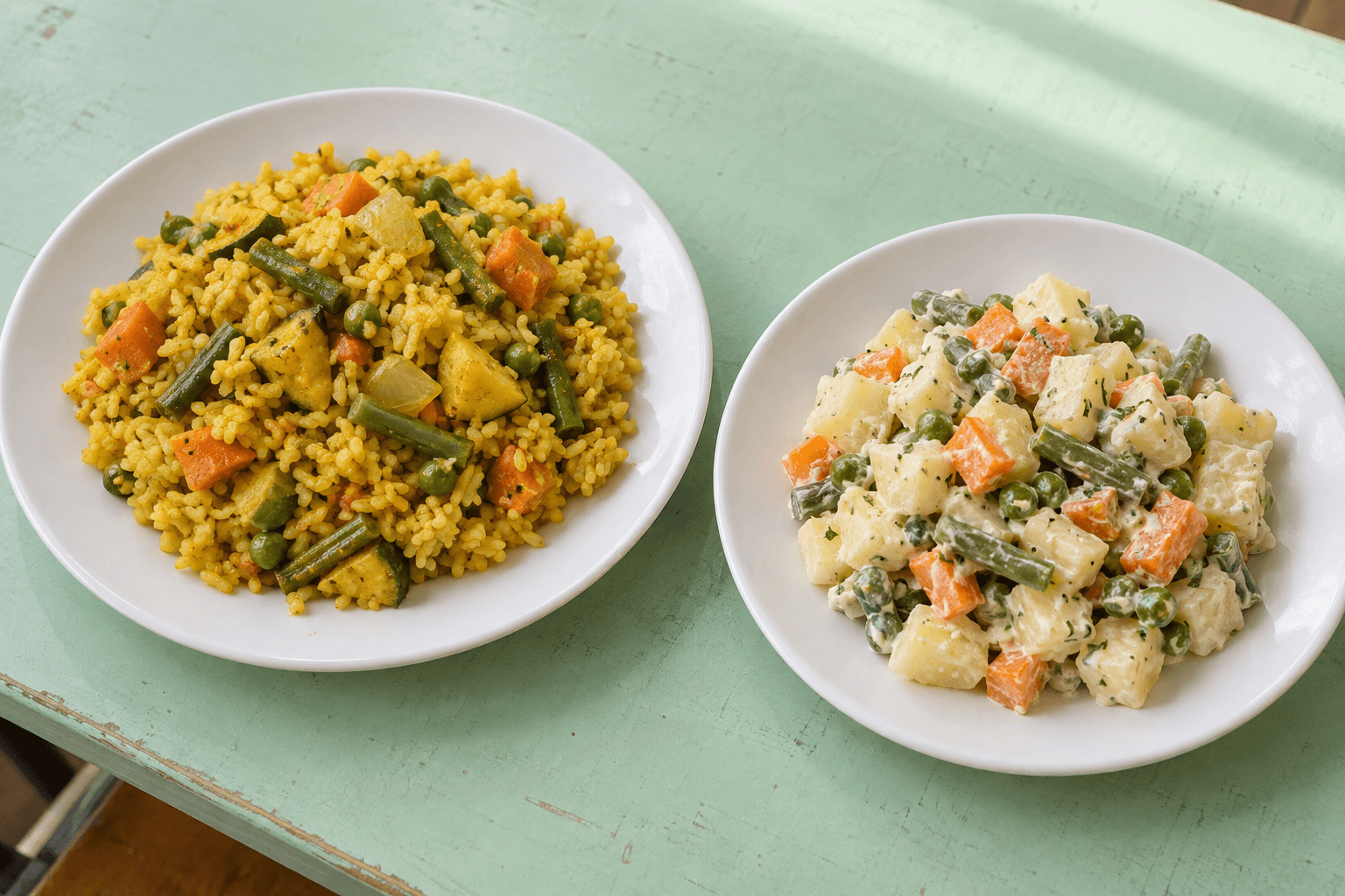 Illustration de riz au curry et de macédoine de pommes de terre aux légumes